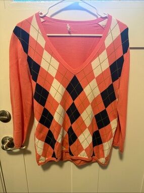 J. Crew Coral and Navy Argyle V-Neck Sweater